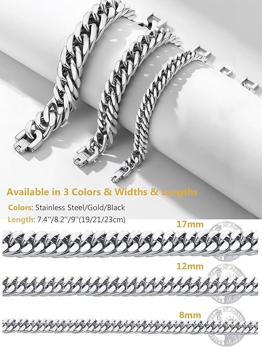 8/12/17mm Wide Cuban Link Bracelet for Men Father Gift 18K Gold/Black Plated Stainless Steel Bracelets 7.4-9 Inches(Gift Wrapped)