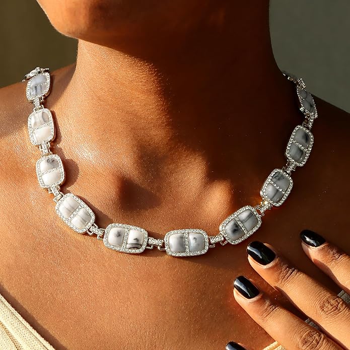 Chunky Necklace for Women 12 Colors Diamond Stone Gold Statement Necklace for Women Full Trendy Blue Birthstone Choker Necklace for Women Square Design Necklace Jewelry