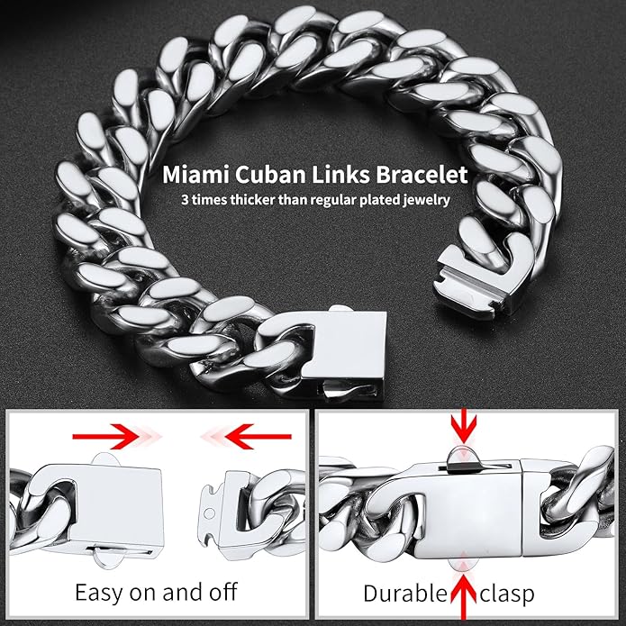 ChainsHouse Stainless Steel Cuban Link Bracelet for Men, 5mm/7mm/9mm/12mm Width, 7.5"/8.3"/9" Length, Black/18K Gold Plated Chain Wrist Bracelets for Men, with Gift Box