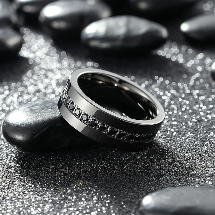 King Will Mens Tungsten Wedding Band with Cubic Zircon Inlay 7mm/8mm Flat Cut Comfort Fit Engagement Rings