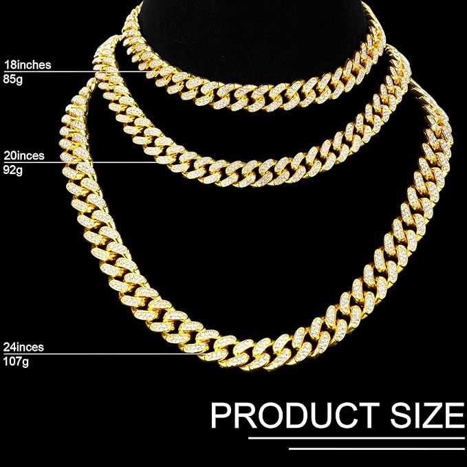 Batiyeer 3 Pcs Cuban Link Chain Necklace Bracelet Rhinestone Hoop Earrings Bling Crystal Hip Hop Jewelry for Women(20 Inch,Gold)