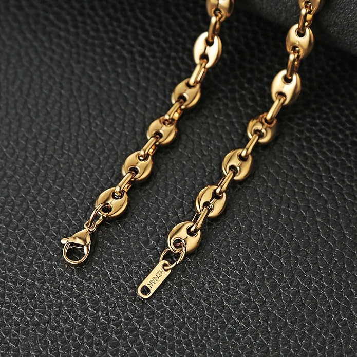 HZMAN Stainless Steel Necklace for Men Hip Hop Polished Coffee Bean Silver Men's Chain Necklace Jewelry Gift
