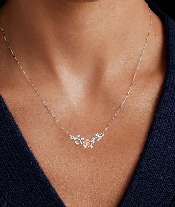 1/20 Carat Diamond Rose Necklace for Women 925 Sterling Silver Rose Flower Vine Pendant Necklaces 18K Gold Plated Fine Jewelry