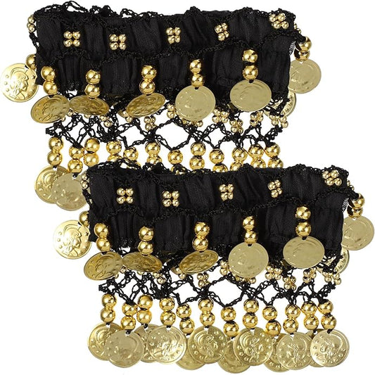 Belly Wrist Arm Bracelet - 2pcs Belly Ankle Bracelets with Coins Jewelry Anklet Chiffon Cuff Wrist Ankle Cuffs Costume Accessories