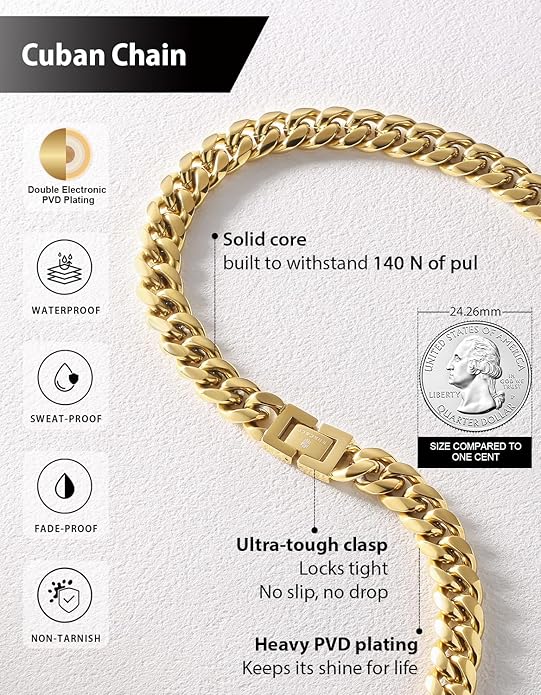 KRKC&CO Cuban Link Chain for Men 8/10/12/14mm, Brithday Gift for Men, 18k Gold Miami Necklace, Durable, Anti-Allergies Hip Hop Jewelry for Mens
