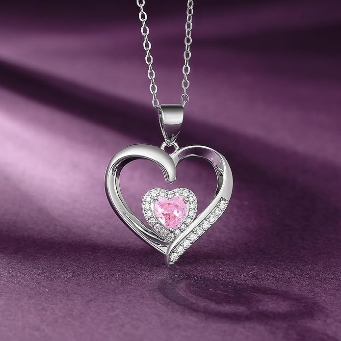 GLIVEOR Heart Birthstone Necklace for Women,S925 Sterling Silver Necklace Birthstone Necklace Heart Necklace for Women Birthday Jewelry Gifts for Women