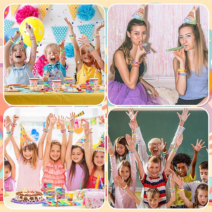 JUNEBRUSHS 64pcs Happy Birthday Rubber Bracelets Bulk Colored Rubber Silicone Wristbands for Students Teachers Classroom Reward Gifts Birthday Decorations Party Favors Supplies(16 Designs)