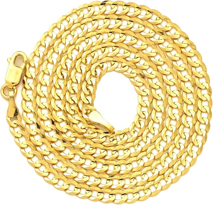 LoveBling 14K Yellow Gold 3mm Plain Solid Curb Cuban Necklace W/Lobster Lock (18" to 30")