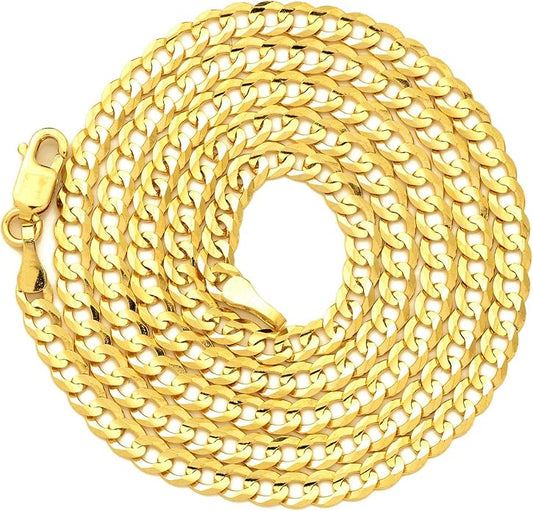 LoveBling 14K Yellow Gold 3mm Plain Solid Curb Cuban Necklace W/Lobster Lock (18" to 30")