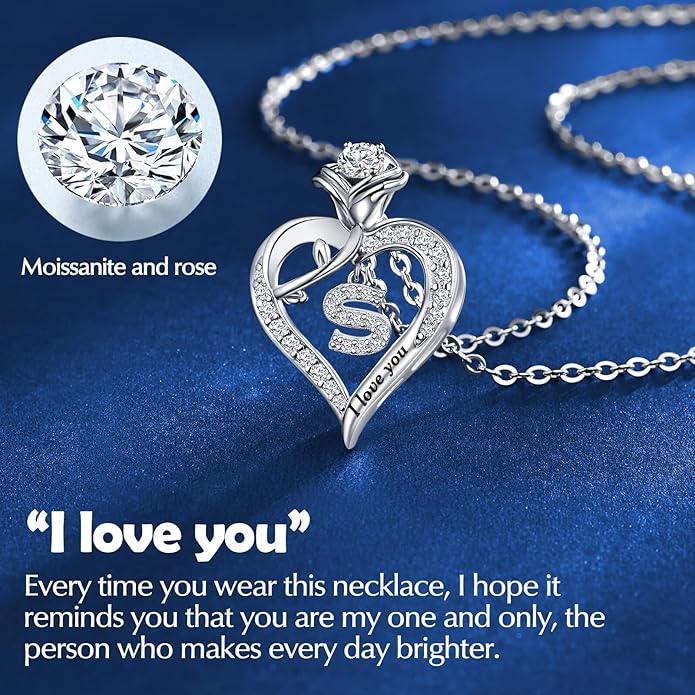 DWWGE Rose Heart Pendant Necklace Gifts for Wife, Engraved 'I love you' Gift for Wife Girlfriend, Anniversary Birthday Eternity Jewelry Present for Women, Moissanite Necklace Gift for Her
