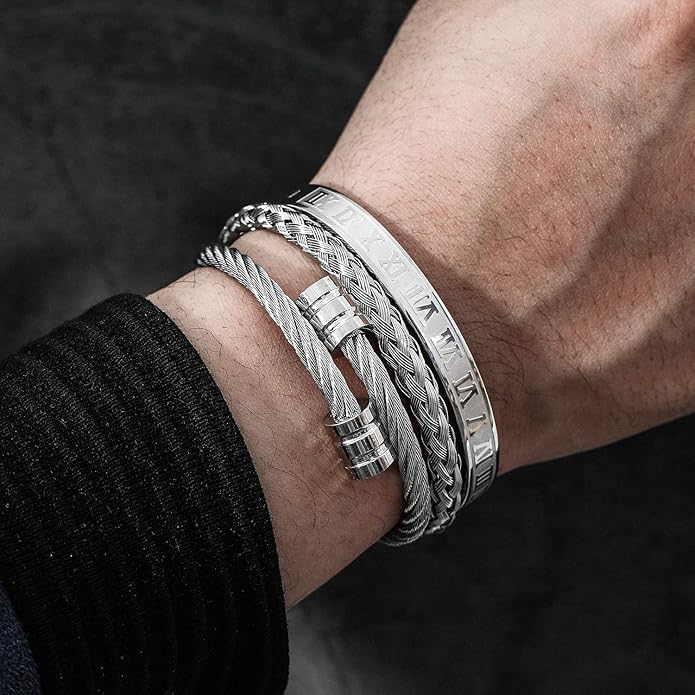 WFYOU 3PCS Stainless Steel Bracelets for Men Gold Roman Numeral Bangle Bracelet Twisted Cable Bracelet Adjustable Cuff Bracelet Mens Luxury Jewelry Bracelets Gifts