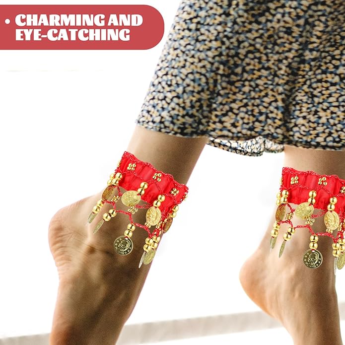 Belly Wrist Arm Bracelet - 2pcs Belly Ankle Bracelets with Coins Jewelry Anklet Chiffon Cuff Wrist Ankle Cuffs Costume Accessories