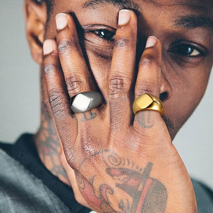 Bestyle Stainless Steel Signet Ring for Men Women in Gold/Black/Silver/Vintage Gray Tone, Chunky Thick Heavy Dome Band Ring Cool Finger Ring, Gift for Dad Husband, Size 7-14 Customizable