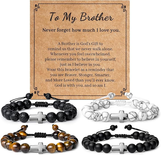 Romass 2Pcs Cross Bracelet for Men,Tiger Eye Beaded Bracelets 8MM Natural Stone Adjustable Jewelry Christian Easter Christmas Gifts Box