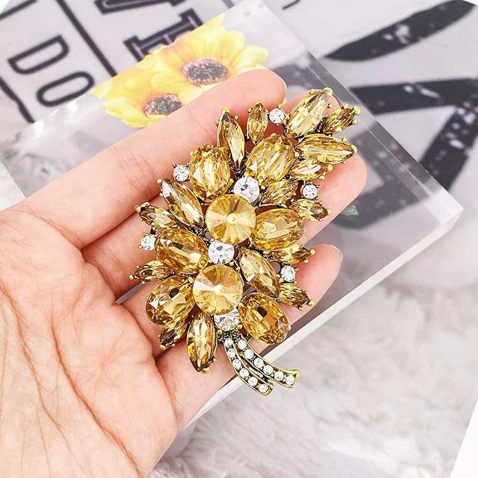 LAXPICOL Vintage Green Austrian Crystal Flower Leaf Bouquet Clusters Large Big Brooch Pin for Women Gold Tone