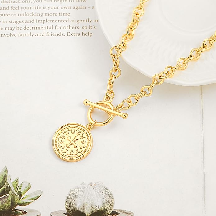 CANEVINKA Dainty Cross Medallion/Heart Pendant Chain Necklace 18K Gold Plated Oval Choker Fashion OT Toggle Jewelry Handmade for Women Simple Gold Charm Necklace