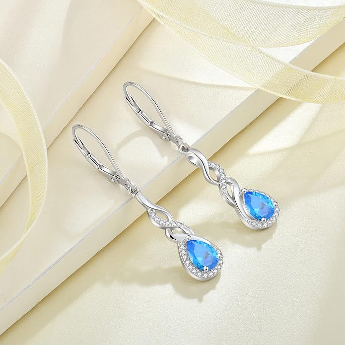 Infinity Dangle Drop Earrings for Women 925 Sterling Silver Teardrop Leverback Earrings Birthstone Jewelry Gifts for Women Wife Girlfriend Mother Daughter Her