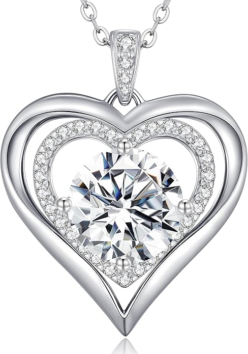 Moissanite Heart Pendant Necklaces for Women, 925 Sterling Silver Necklace Engraved with 'I LOVE YOU', Ideal Anniversary Birthday Christmas Valentine Mothers Day Jewelry Gifts for Mom Wife Girlfriend Daughter Her