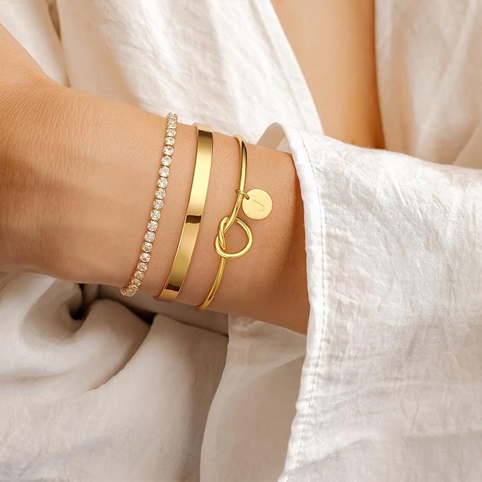Gold Initial Bracelets for Women - Dainty Gold Bangles Bracelets for Women Personalized Initial Bracelet Stackable Gold Knot Cuff Tennis Bracelet Gold Jewelry Bridesmaid Proposal Wedding Gifts