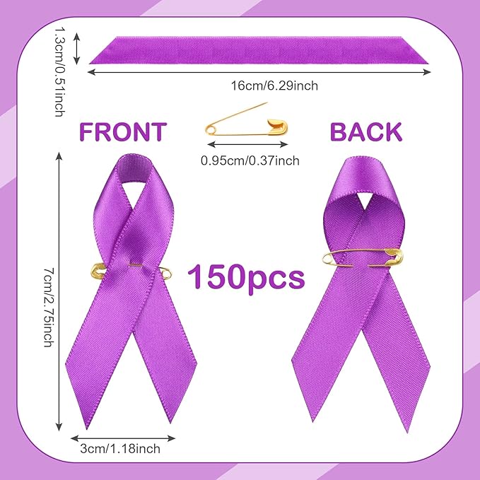 Yunlly 150 Pcs Purple Ribbon Lapel Pins Bulk Domestic Violence Awareness Alzheimer Lupus Cancer Awareness Brooch