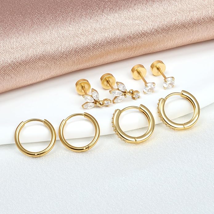 Gold Hoop Earrings for Women - 4 Pairs 14K Gold Plated Dainty Huggie Stacks Set for Multiple Piercing, Hypoallergenic Cartilage Earrings CZ Trendy Fashion Jewelry