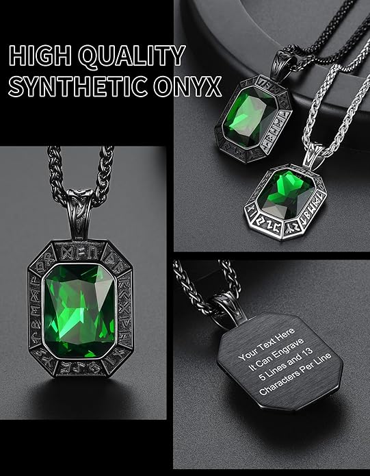 ChainsHouse Viking Rune Pendant Necklace for Men Women, Punk Biker Black Metal/316L Stainless Steel Onyx Norse Vintage Amulet Necklaces with Black/Red/Green/Blue Gemstone, Send Gift Box