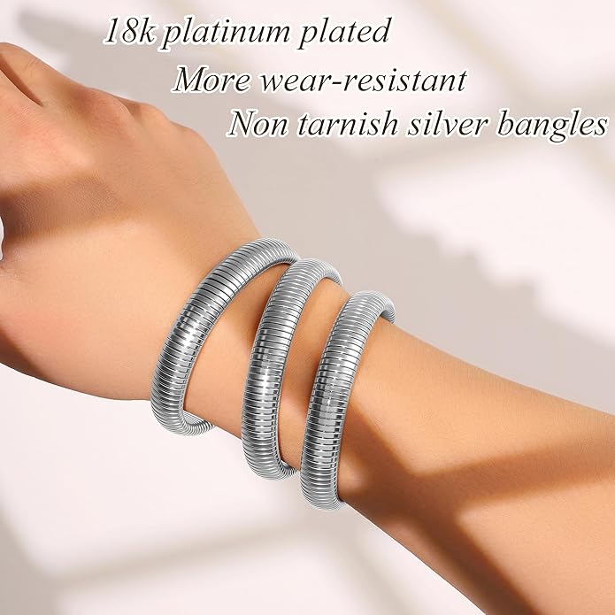 UILZ 3-Pack Gold Bangles Bracelet for Women - 24K Real Gold Plated Stainless Steel Chunky Stretch Bangles Stackable Wide Bracelet Jewelry for Everyday & Special Occasions Pulseras Para Mujer