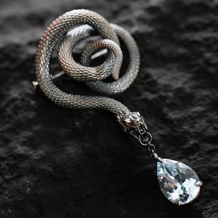 Snake Brooch with Aquamarine Crystal | Gothic Fashion Jewelry Pin | Vintage Style Statement Accessory for Women & Men