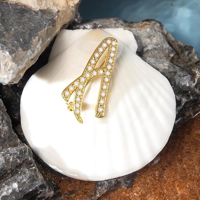 Cicy Bell A-Z Initial 26 Letter Brooch Pins 18k Gold Plated Cubic Zirconia Breastpin Name Personalized Gifts for Women Men