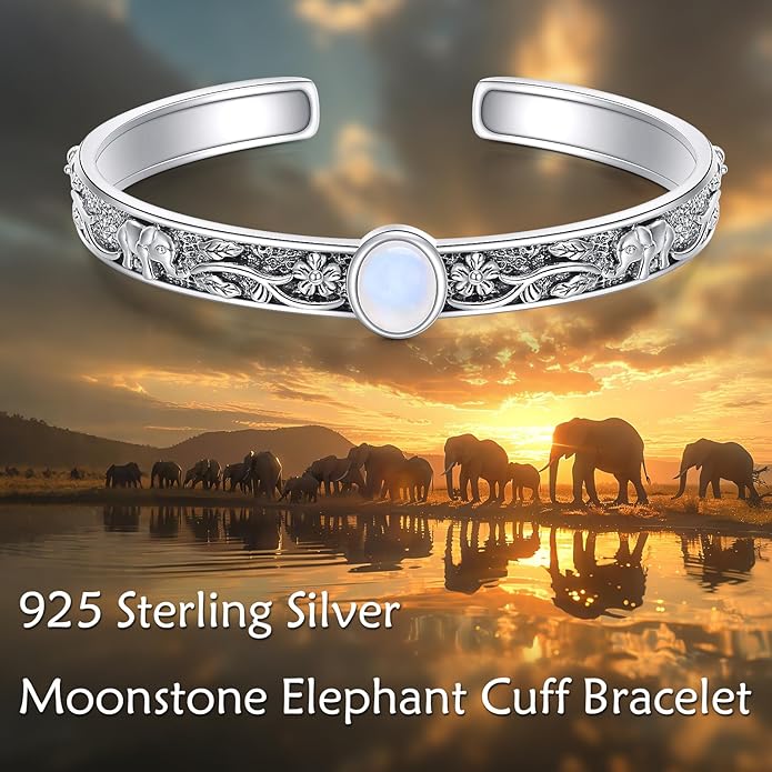 Moonstone Elephant Cuff Bracelet, Handmade Sterling Silver Boho Jewelry, Gift of Wisdom and Good Luck for Women