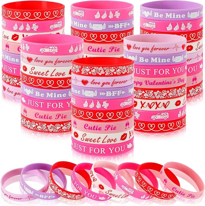 JUNEBRUSHS 64Pcs Valentine's Day Party Favors Silicone Bracelets Pink Red Love Heart Rubber Wristbands Accessories for Adults Valentine's Day Wedding Party Decorations Gift (8 Designs)