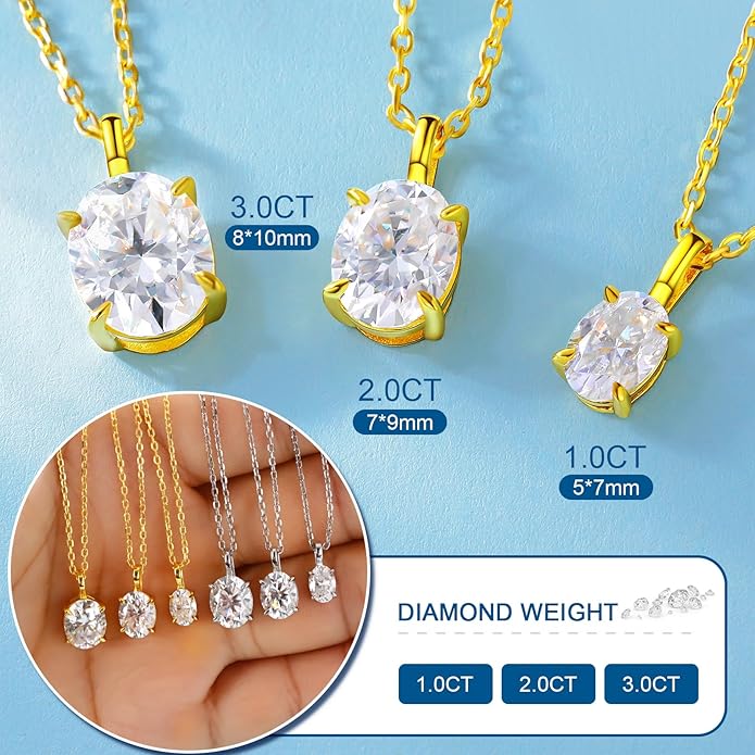 Moissanite Necklace for Women 0.1-12.0CT(3-15mm) Oval/Round Cut Moissanite Pendant 18k Gold Plated Sterling Silver Necklace D Color VVS1 Solitaire Pendant with 18+2 Inch Chain Jewelry for Mom/Wife