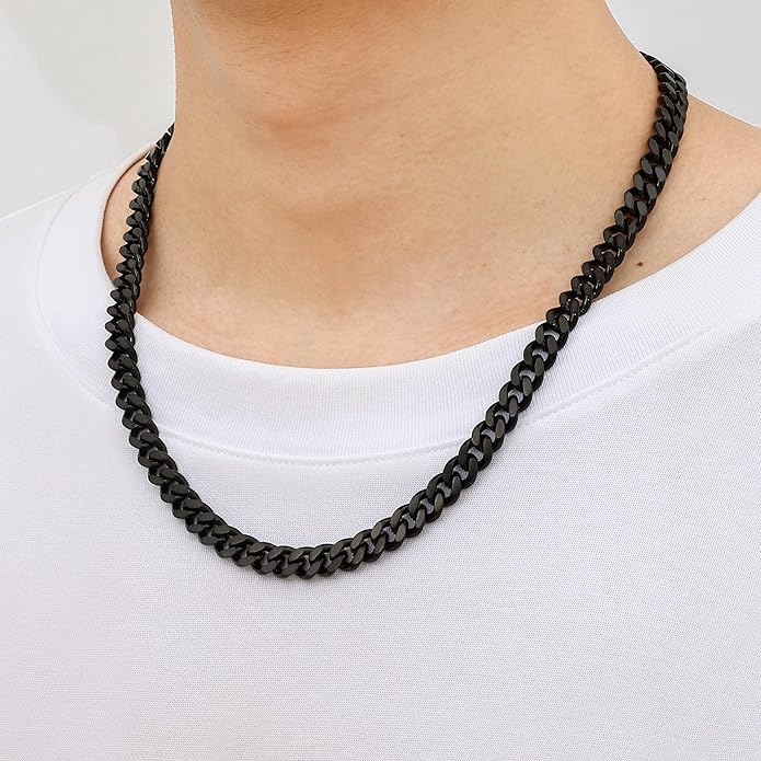 Fiusem Valentines Day Gifts for Him Silver Tone/Black/14K Gold Plated Chain Necklace for Men, 5mm/6mm/7.5mm/8mm/9mm Stainless Steel Cuban Link Chain Necklace, Men's Chains 18-28 Inch Jewelry Gifts