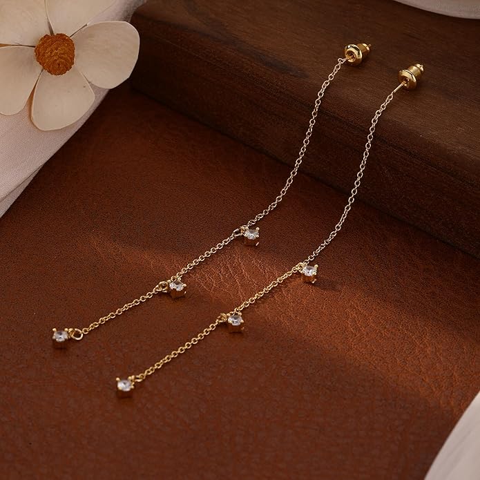 14K Gold Plated Dangle Earrings for Women - Dainty, Trendy, Hypoallergenic CZ Drop Earrings - Simple Long Dangling Jewelry