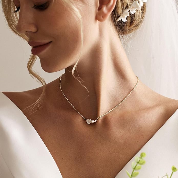 Pearl Necklace for Women Trendy,14k Gold Plated Necklace Dainty Wedding Necklace Small Cute Choker Necklace Beaded Lariat Drop Necklace Vintage Waterproof Jewelry for Women Gold Jewelry Fashion Gifts