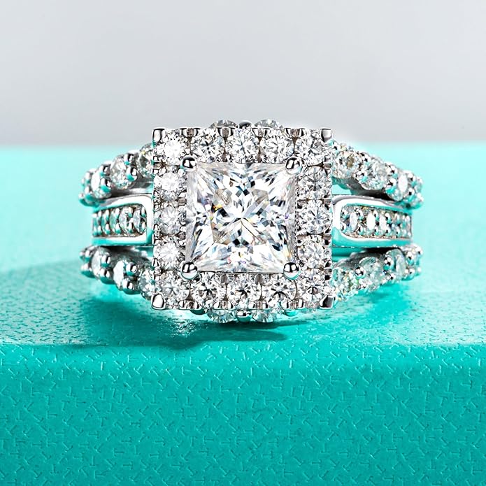 AnuClub Princess/Cushion/Oval Cut Moissanite Engagement Rings 3-3.884cttw D Color VVS1 925 Sterling Silver 3 Rows Vintage Halo Wedding Promise Statement Rings for Women with Certificate