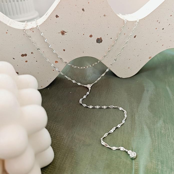 Lariat Silver/Gold Necklace for Women 925 Silver/14K Gold Plated Dainty Long Necklace Y-Shaped Drop Pendant Necklaces Choker Trendy Chain Simple Layered Necklaces CZ Jewelry for Women Set Gift