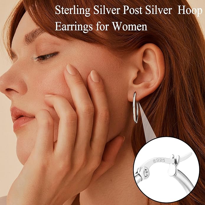 FUNRUN JEWELRY 5 Pairs 925 Sterling Silver Hoop Post Earrings for Women-Small 14K Gold Silver Hoops Earrings,Hypoallergenic Silver Hoop Earring for Women-Medium Big Hoops Stack Earring 10/14/20/30/40mm