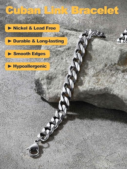 U7 Link Bracelets for Men, Cuban Link/Rope/Watch Band Solid Bracelet, Silver Black Gold Color Wrist Bracelet 3/6/9/12/15mm Width, 6.5/7.5/8.3 Inch Length, Hand Chain Jewelry for Mens Women