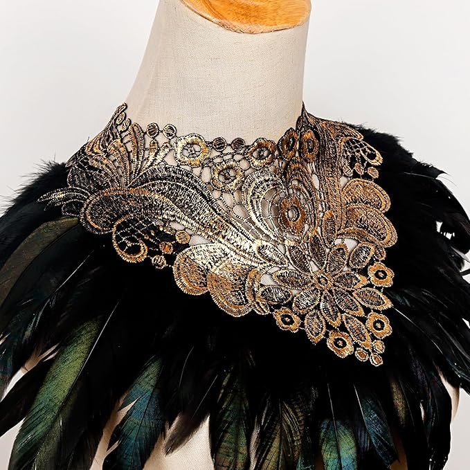 L'VOW Real Black Feather Harness Lace Collar Necklace Bib Halloween