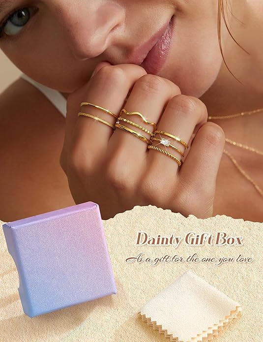 THUNARAZ 8Pcs Stackable Rings for Women Non Tarnish 14K Gold Plated Stainless Steel Dainty Rings Set Minimalist Thin Thumb Ring Cubic Zirconia Wave Statement Ring Bands for Women Size 5-10