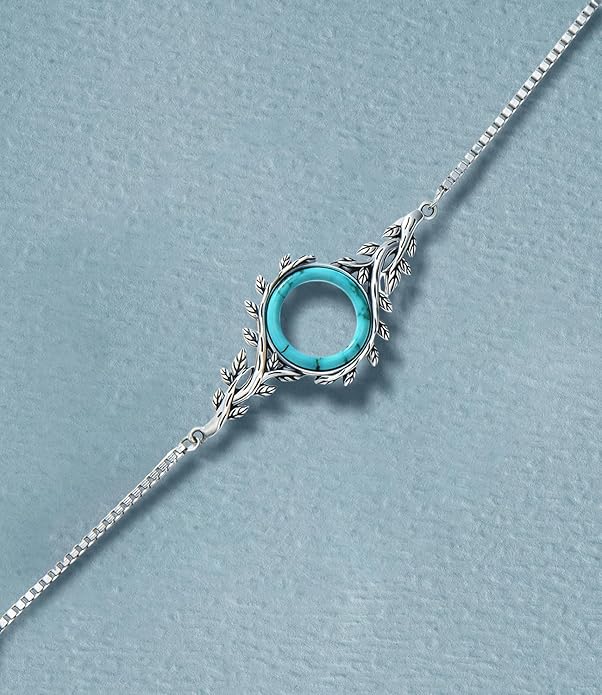 Genuine Circle Turquoise Bracelet for Women Adjustable 6 to 8 inch 925 Sterling Silver Leaf Jewelry with Natural Gemstone for Her Wife Mom