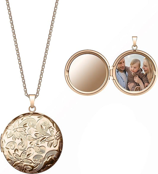Locket Necklace for Women Girls, 18” Jewelry Chain, Picture Photo Inside, Cadenas para mujer, Personalized Custom Name Gold Locket, Customized Couples Locket, Silver, Rose Gold, Gold