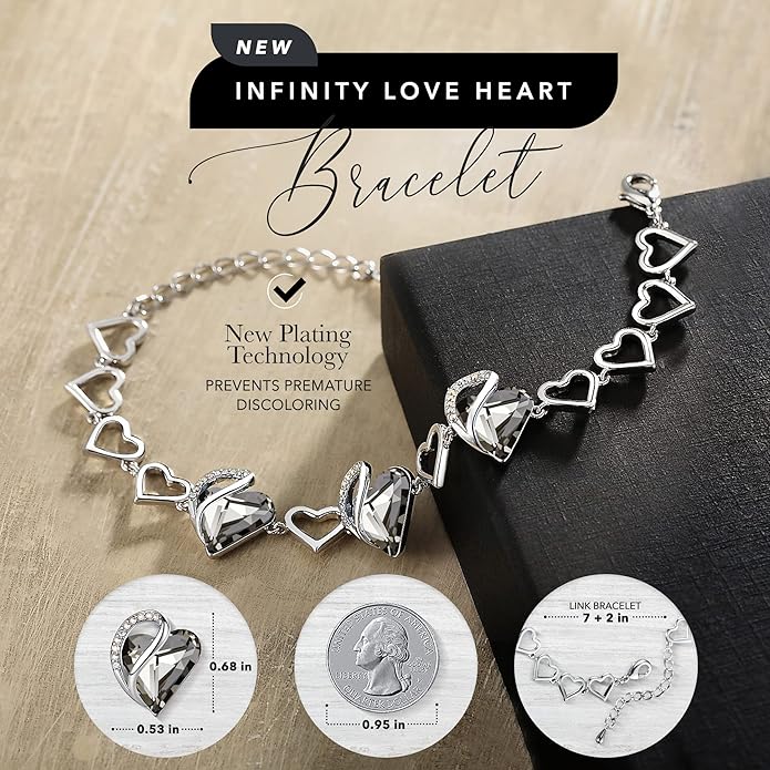 Leafael Infinity Love Heart Link Bracelets, Birthstone or Healing Stone Crystal Bracelet for Women, Silver Tone Jewelry Gifts for Her, 7-inch Chain and 2-inch Extender