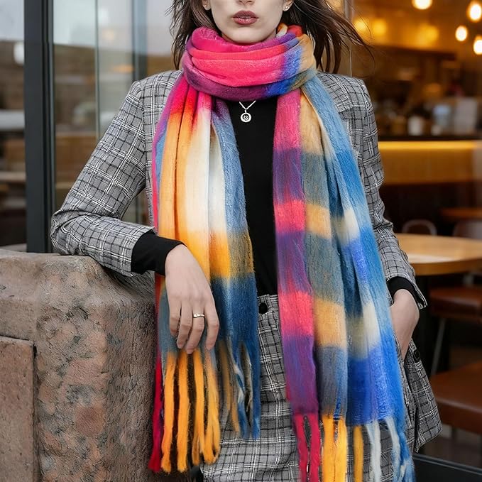 SHOHOKU Large Chunky Plaid Scarf Coloured Checked Oversized Scarf Tassel Soft Fall Winter Thick Warm Shawl Women