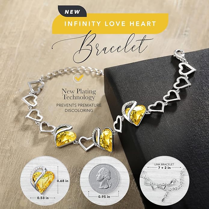 Leafael Infinity Love Heart Link Bracelets, Birthstone or Healing Stone Crystal Bracelet for Women, Silver Tone Jewelry Gifts for Her, 7-inch Chain and 2-inch Extender