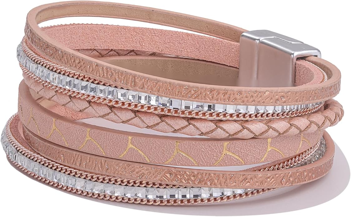 FANCY SHINY Boho Leather Wrap Bracelets Trendy Layered Bracelets with Magnetic Clasp Strackable Bohemian Jewelry Gifts for Women
