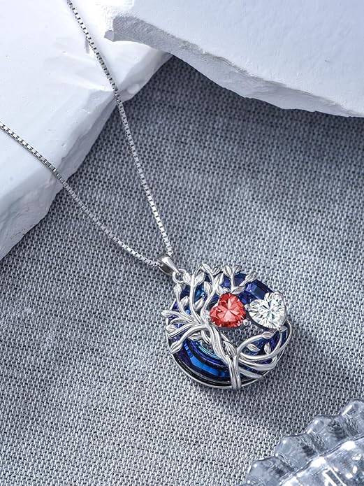 TOUPOP s925 Sterling Silver Family Celtic Tree of Life Pendant Necklaces with 2 Heart Birthstone with Blue Austrian Crystal Jewelry Birthday Anniversary Christmas Gifts for Her Wife Girlfriend Mom (18K Real White Gold Filled)