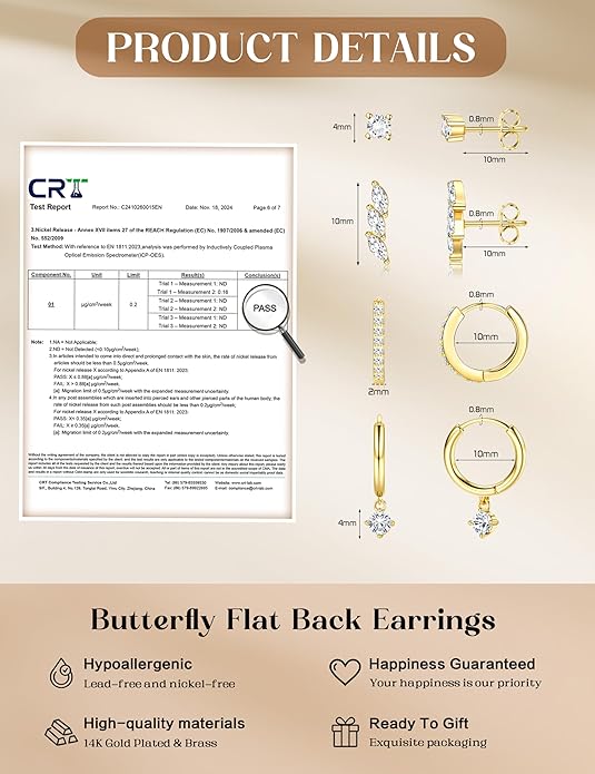 Florideco 925 Sterling Silver Earrings for Women Trendy Hypoallergenic Small Gold Hoop Earrings 14K Gold Plated Stud Earring Sets for Multiple Piercing CZ Ear Cuff Cartilage Earring Stacks