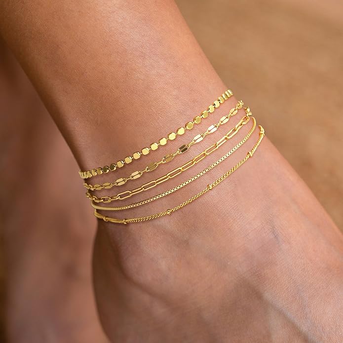 DEARMAY 14K Gold Plated Ankle Bracelets for Women Waterproof - Dainty 6Pcs Anklets Layered Cuban Link Chain Herringbone Cute Anklets Set Pack Summer Beach Jewelry Gift for Women Teen